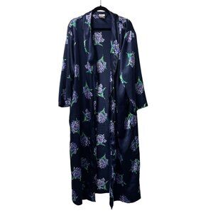 TALBOTS INTIMATES ROBE LONG MAXI SATIN WOMENS L FLORAL BLUE POCKETS LOUNGE